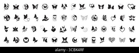 Ensemble d'icônes décoratives de papillon noir en silhouette avec des fleurs, des coeurs, des visages, des éléments de la nature isolés sur fond blanc. design romantique, beau Illustration de Vecteur