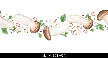 Champignons d'huîtres royaux frais, tranches de poivron rouge, bannière transparente d'aquarelle d'herbes sur fond isolé. Ingrédients naturels comestibles Banque D'Images