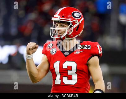 09 janvier 2023 le quarterback des Georgia Bulldogs Stetson Bennett (13 ans) célèbre après avoir lancé une passe pour un touchdown lors du match du championnat national CFP entre les Georgia Bulldogs et les TCU Horned Frogs à Inglewood, en Californie. (Crédit image : © Charles Baus/CSM via ZUMA Press Wire) Banque D'Images