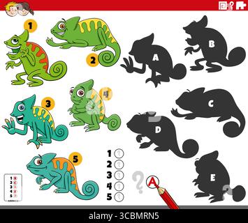 Illustration de dessin animé de trouver les ombres droites aux images puzzle éducatif avec des personnages d'animaux caméléon Illustration de Vecteur
