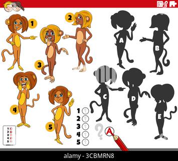 Illustration de dessin animé de trouver les ombres droites aux images puzzle éducatif avec des personnages d'animaux de singes Illustration de Vecteur