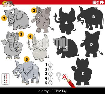 Illustration de dessin animé de trouver les ombres droites aux images puzzle éducatif avec des personnages animaux éléphants Illustration de Vecteur