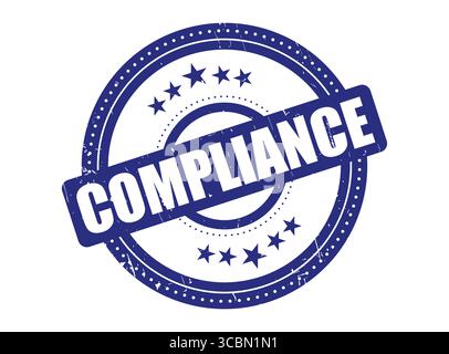 Un tampon en caoutchouc bleu de conformité avec bordure en étoile pour les règles et la réglementation Illustration de Vecteur