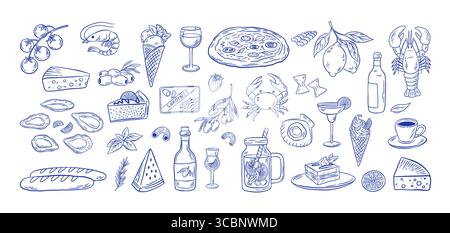 Illustration vectorielle de nourriture et de boisson italienne dessinée à la main. Ensemble de fruits de mer méditerranéens, vin, limonade, olives, huîtres, pizza, pâtes, fromage et dessert Illustration de Vecteur