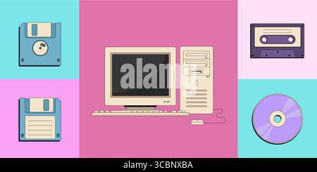 Retour aux années 90 Ensemble vectoriel plat de vieux pc, cassette vidéo vintage, disquette rétro, cassette magnétophone et disque compact. Nostalgie pour 199 Illustration de Vecteur