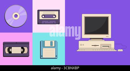 Retour aux années 90 Ancien ensemble plat vectoriel de vieux pc informatique, cassette vidéo vintage, disquette rétro, cassette magnétophone et disque compact. N° Illustration de Vecteur