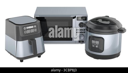 Friteuse à air, four à micro-ondes et ensemble multi-cuiseurs. Rendu 3D isolé sur fond blanc Banque D'Images
