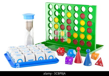 Boggle, Connect four et jeu de table. Rendu 3D isolé sur fond blanc Banque D'Images