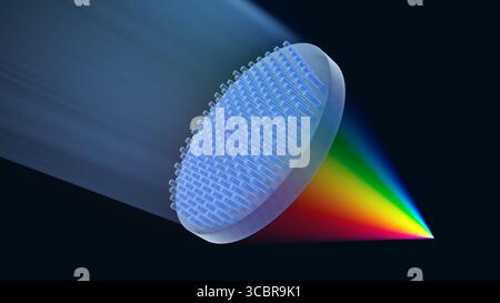 Illustration montrant un métal ; une lentille plate ultra-mince faite de métamatériaux. Les métaux utilisent des nanostructures pour focaliser la lumière, offrant des avancées potentielles dans la technologie optique, telles que la microscopie améliorée et l'imagerie. Banque D'Images