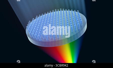 Illustration montrant un métal ; une lentille plate ultra-mince faite de métamatériaux. Les métaux utilisent des nanostructures pour focaliser la lumière, offrant des avancées potentielles dans la technologie optique, telles que la microscopie améliorée et l'imagerie. Banque D'Images