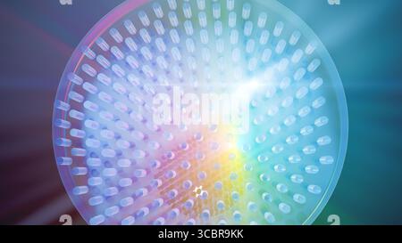 Illustration montrant un métal ; une lentille plate ultra-mince faite de métamatériaux. Les métaux utilisent des nanostructures pour focaliser la lumière, offrant des avancées potentielles dans la technologie optique, telles que la microscopie améliorée et l'imagerie. Banque D'Images