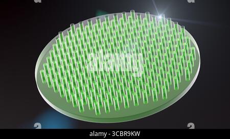 Illustration montrant un métal ; une lentille plate ultra-mince faite de métamatériaux. Les métaux utilisent des nanostructures pour focaliser la lumière, offrant des avancées potentielles dans la technologie optique, telles que la microscopie améliorée et l'imagerie. Banque D'Images