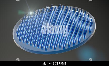 Illustration montrant un métal ; une lentille plate ultra-mince faite de métamatériaux. Les métaux utilisent des nanostructures pour focaliser la lumière, offrant des avancées potentielles dans la technologie optique, telles que la microscopie améliorée et l'imagerie. Banque D'Images