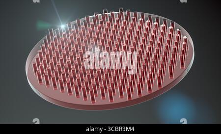 Illustration montrant un métal ; une lentille plate ultra-mince faite de métamatériaux. Les métaux utilisent des nanostructures pour focaliser la lumière, offrant des avancées potentielles dans la technologie optique, telles que la microscopie améliorée et l'imagerie. Banque D'Images
