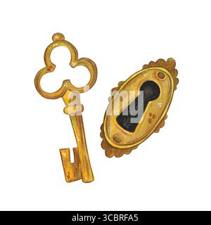 Ensemble de deux articles, clé et trou de serrure. Aquarelle illustration dessinée à la main. Dessin pour cartes, invitations, affiches, étiquettes. Histoire, conte de fées, château Banque D'Images