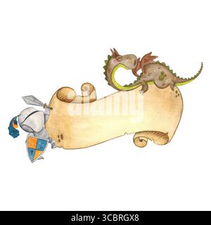 Composition, dragon et chevalier avec épée et bouclier sur fond d'un ruban de vieux parchemin. Illustration aquarelle dessinée à la main, dessin animé. Pour Banque D'Images