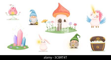Ensemble de dessins animés de forêt magique avec gnomes, licorne, cristaux et maison de champignons Illustration de Vecteur