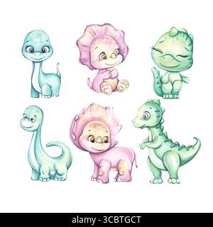 Aquarelle bébé mignon dinosaure Dino famille. Dessin animé pour la pépinière, babyshower, décor, autocollants, imprimés textiles avec des animaux historiques Banque D'Images