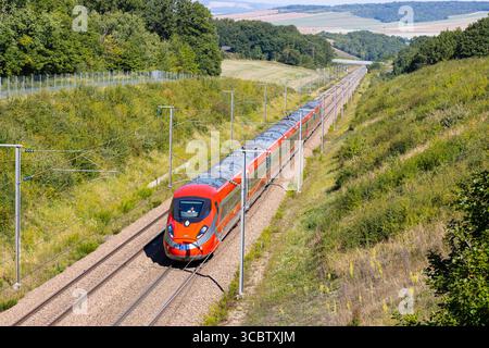 ETR 1000, Frecciarossa, train à grande vitesse de l'opérateur ferroviaire national italien Trenitalia, dans l'Yonne, France Banque D'Images
