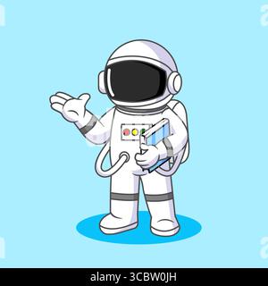 Astronaute tenant un livre présentant - éducation dans l'espace illustration vectorielle dessin animé Illustration de Vecteur