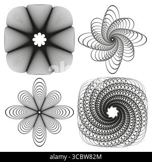 Spiro noir quad. Vecteur de pétales concentriques. Ensemble de fleurs géométriques. Spirale complexe SPE 10. Illustration de Vecteur