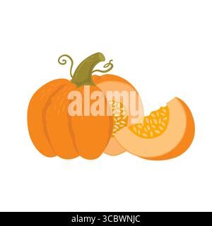 Citrouille et tranche isolées sur fond blanc. Illustration vectorielle traditionnelle de légumes d'automne. Nourriture saine Illustration de Vecteur