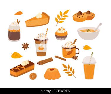 Ensemble de produits saisonniers d'épices de citrouille, café, latte, tarte, gâteau, soupe, smoothie. Desserts sucrés aromatisés. Nourriture d'automne et boissons chaudes Illustration de Vecteur