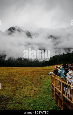 Lijiang, Chine - 24 octobre 2024 : les visiteurs avec des parasols apprécient la vue panoramique de Spruce Meadow entouré de pics brumeux et d'une forêt luxuriante à Yulong Snow Banque D'Images