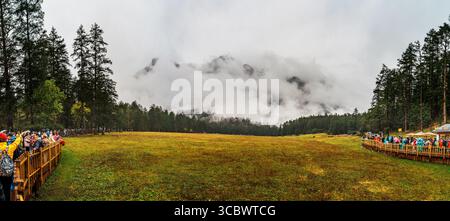 Lijiang, Chine - 24 octobre 2024 : les visiteurs avec des parasols apprécient la vue panoramique de Spruce Meadow entouré de pics brumeux et d'une forêt luxuriante à Yulong Snow Banque D'Images