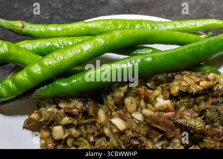 Thecha ou chutney au Chili vert servi dans un bol. thecha au piment vert, thecha au piment vert (chutney mirchi maharashtrian) Banque D'Images