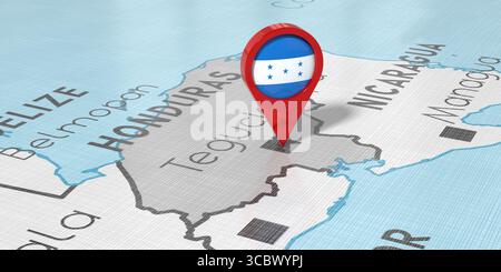 Honduras, Tegucigalpa - épingle de localisation avec drapeau national sur la carte politique - illustration 3D. Banque D'Images