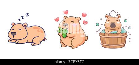 Personnages adorables d'ours : dormir, tenir des feuilles et profiter d'un bain Illustration de Vecteur