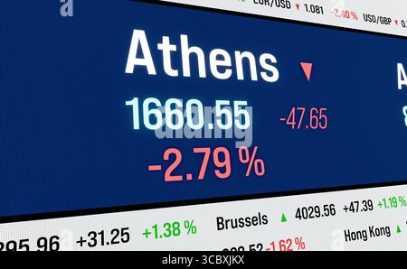Baisse du marché boursier à Athènes, Grèce. Baisse du marché boursier à Athènes, Grèce. Le cours des actions grecques baisse. Risque, trading, crash, récession, marché baissier. Illustration 3D img stock market099s29 ticker board index athens move down Banque D'Images