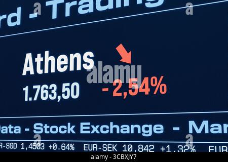 L'indice boursier d'Athènes descend. L'indice boursier d'Athènes descend. Chute des cours des actions grecques, marché baissier, réduction, investissement, affaires, crash, perte, crise, données boursières. Illustration 3D stock market169s market data athens down Banque D'Images