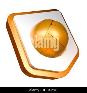Illustration 3D d'un ballon de volley-ball sur un bouclier isolé sur fond blanc. Icône de jeu de volley-ball. Prix des champions. Championnat de volley-ball. Banque D'Images