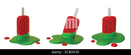 Définir illustration vectorielle réaliste d'un popsicle de pastèque fondant avec des graines sur un fond bleu clair. Illustration de Vecteur