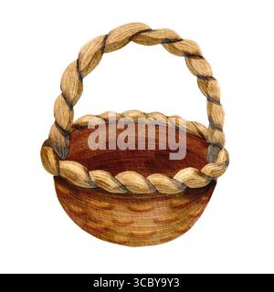 Panier en osier vide pour pique-nique, vacances d'automne. Illustration aquarelle du conteneur de stockage de récolte. Convient pour Thanksgiving, décoration de jour de la récolte Banque D'Images