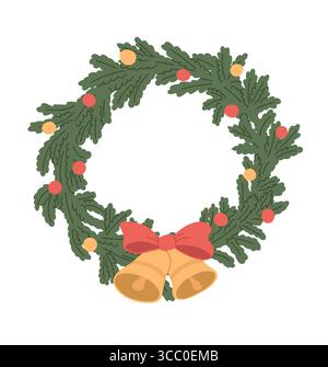Couronne de Noël de dessin animé, et cloches de jingle. Guirlandes, branches de sapin décoration de vacances sur fond blanc. Design du nouvel an. Illustration vectorielle plate Illustration de Vecteur