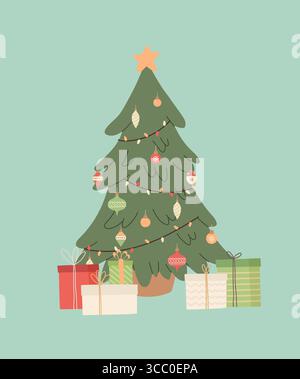 Arbre de Noël de dessin animé avec boîtes cadeaux et décoration. Pin de Noël et cadeaux emballés. Vacances du nouvel an. Illustration vectorielle plate. Illustration de Vecteur