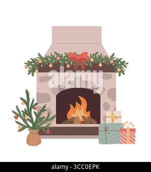 Cheminée de Noël de dessin animé avec arbre de noël, décoration et boîtes-cadeaux. Maison hiver décor de vacances. Bonne année. Illustrations vectorielles plates Illustration de Vecteur
