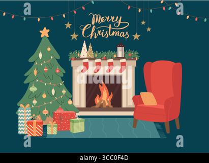 Carte de vœux joyeux Noël et bonne année. Intérieur confortable de Noël avec cheminée, fauteuil rouge et décoration. Décor de vacances d'hiver pour le salon Illustration de Vecteur