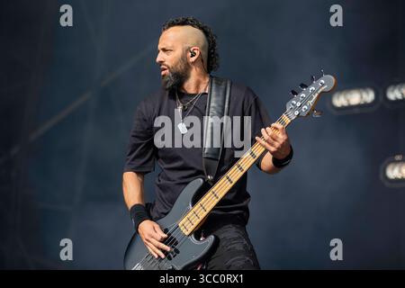 Derbyshire, Angleterre, 9 août 2025. Fear Factory joue sur la scène Ronnie James Dio au Bloodstock Open Air 2025 dans le Derbyshire. Crédit : Izzy Clayton/Alamy Live News Banque D'Images