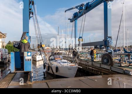 Warns, pays-Bas - 20 novembre 2023 : grue de levage de bateau hissant un voilier hors de l'eau dans une marina animée, avec des ouvriers habilement opératinés Banque D'Images