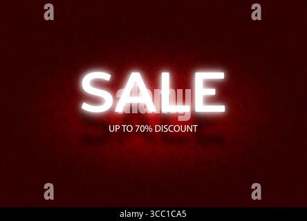 Vente lettres néon brillantes blanches sur fond rouge de motif de vecteur de vente. Jusqu'à 70 % de réduction. Texte simple imprimé graphique géométrique. Marketing Valentin Illustration de Vecteur