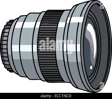 Motif moderne de l'objectif zoom de l'appareil photo. Représentation artistique élégante en niveaux de gris d'un objectif photographique sur fond sombre, symbolisant la vision, la clarté Illustration de Vecteur