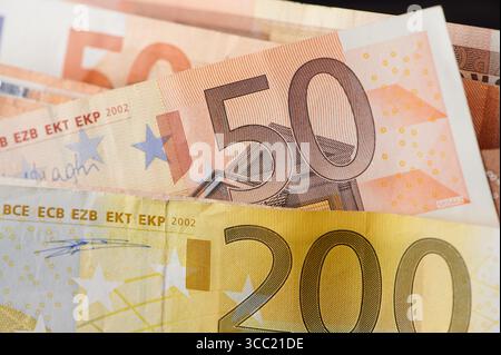 Les billets en euros de différentes coupures sont disposés magnifiquement, mettant en valeur leurs couleurs. Banque D'Images