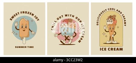 Ensemble d'affiches de personnages de crème glacée de dessin animé vintage. Illustration vectorielle. Mascotte de dessert drôle dans un style rétro pour caffe. Nostalgie des années 60, 70, 80 Illustration de Vecteur