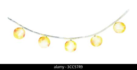 Une guirlande dessinée à la main de cinq ampoules jaunes sur fond blanc. Décoration pour sapin de Noël. Illustration aquarelle Banque D'Images
