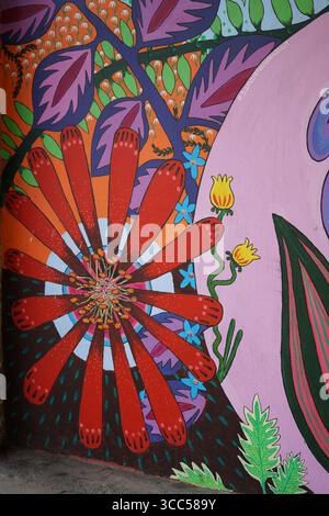 Fresque murale abstraite aux motifs fleurs et feuilles colorés. Art par Samantha Redmill Art. Salisbury, Angleterre Banque D'Images