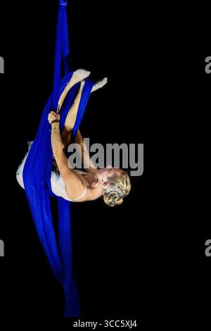 Interprète de soie aérienne exécutant une pose inversée sur un tissu bleu vif sur un fond noir lors d'une performance live. Banque D'Images